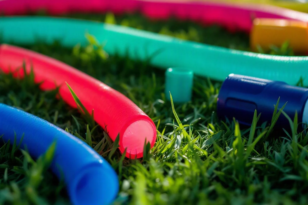 Close-up of pool noodles and markers arranged on grass