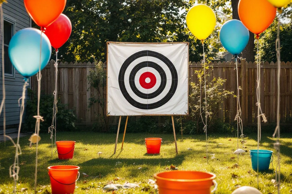 Buckets and balloons set up for a backyard target toss