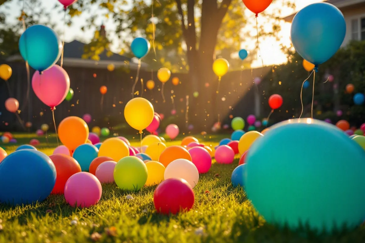Colorful balloons scattered across a backyard for a popping game