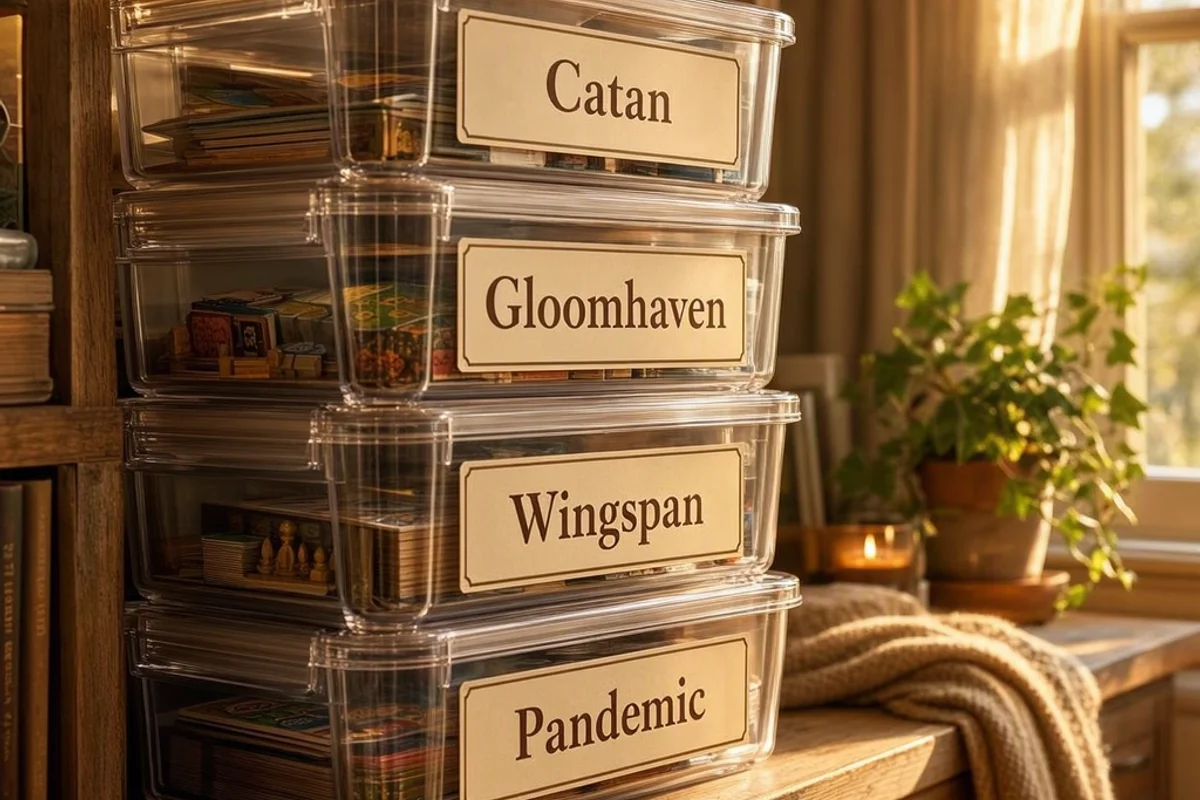 Clear plastic containers neatly stacked and labeled for board games.
