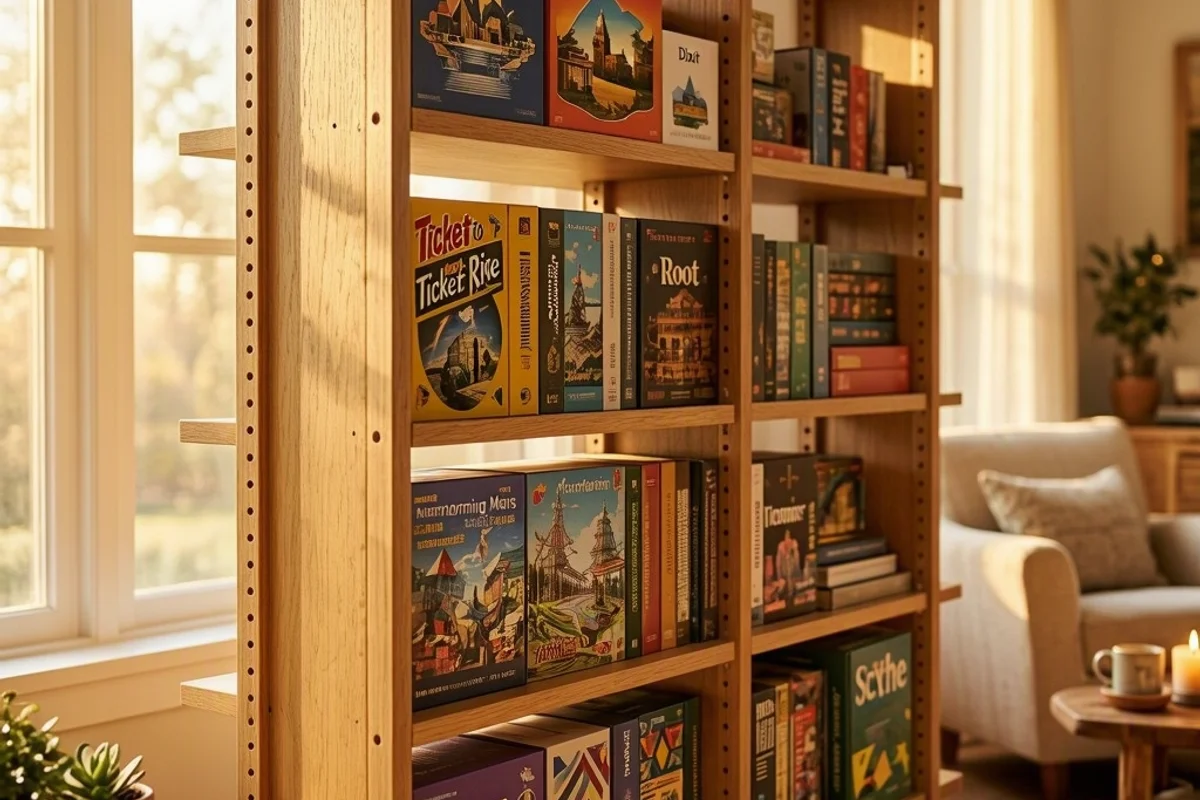 Adjustable shelving unit with neatly organized board games.