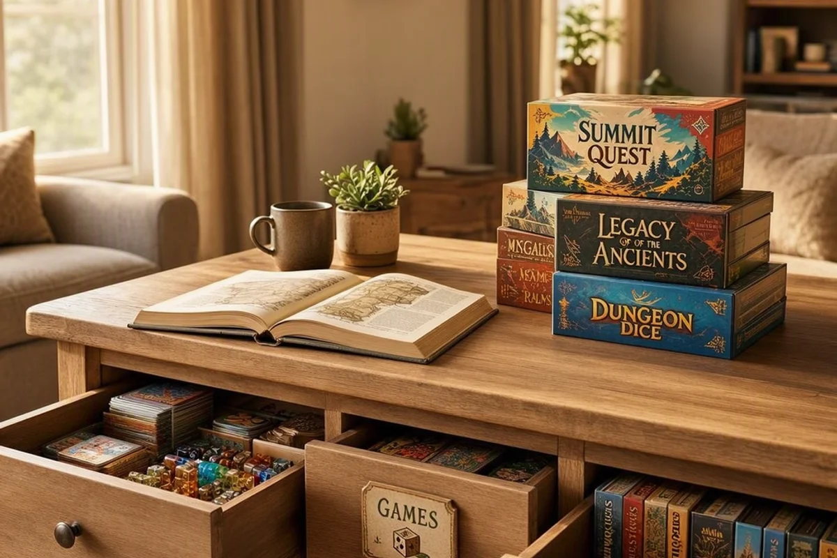 Game table with drawers storing board games and accessories.
