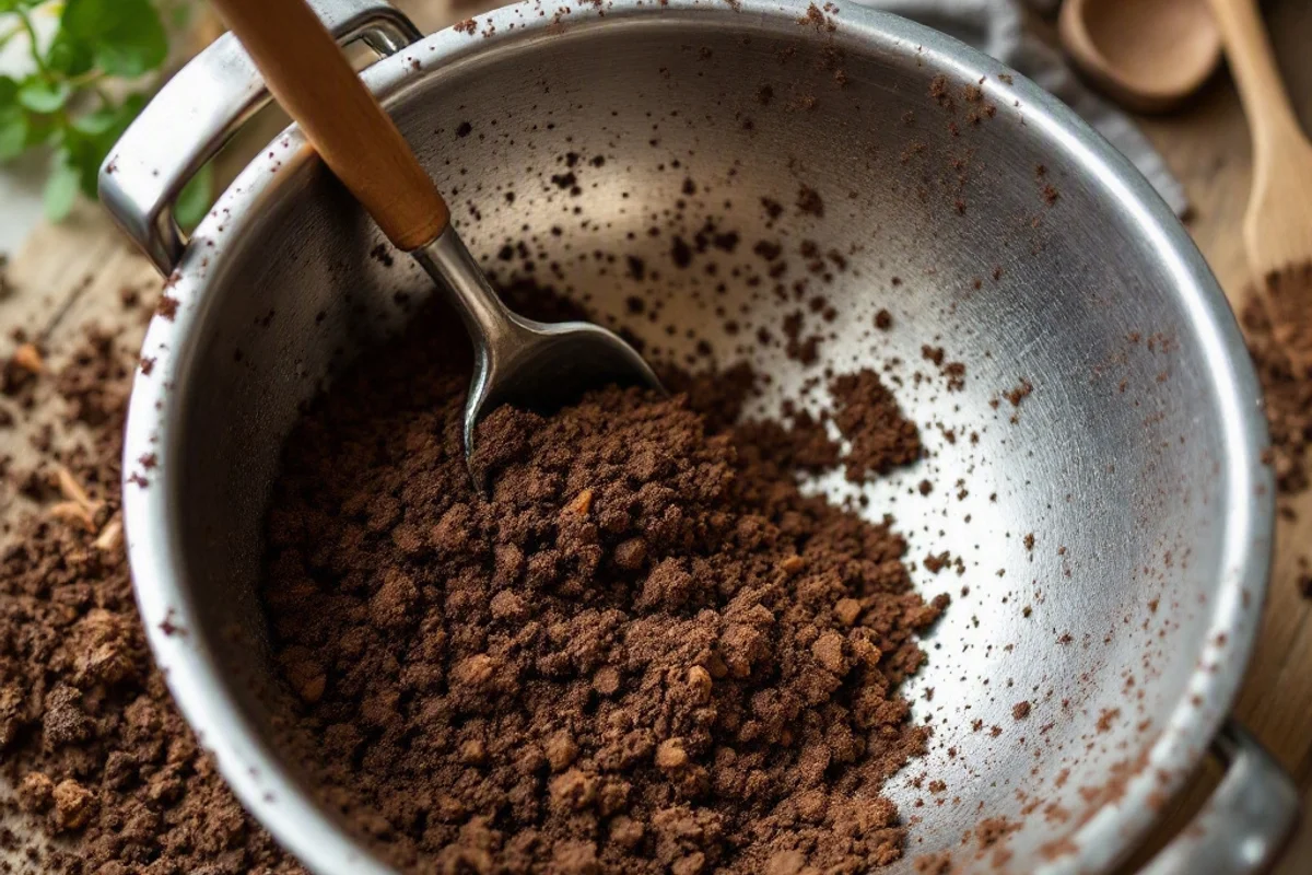 A colander being used to sift soil for gardening.