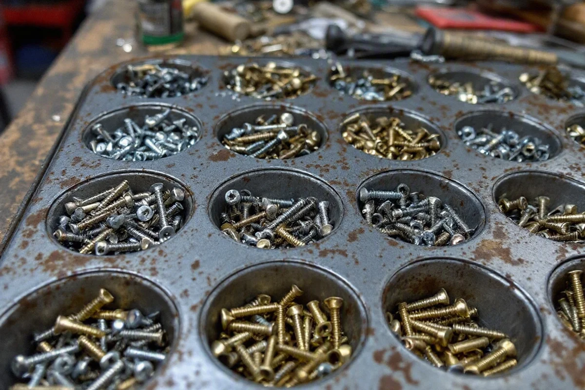 A muffin tin being used to organize screws and nails.