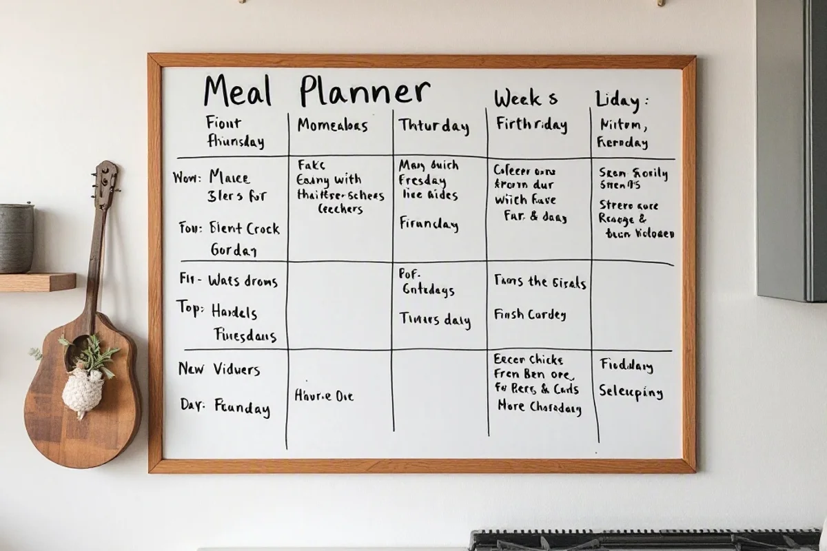 A whiteboard meal planner on a kitchen wall, listing meals for the week.