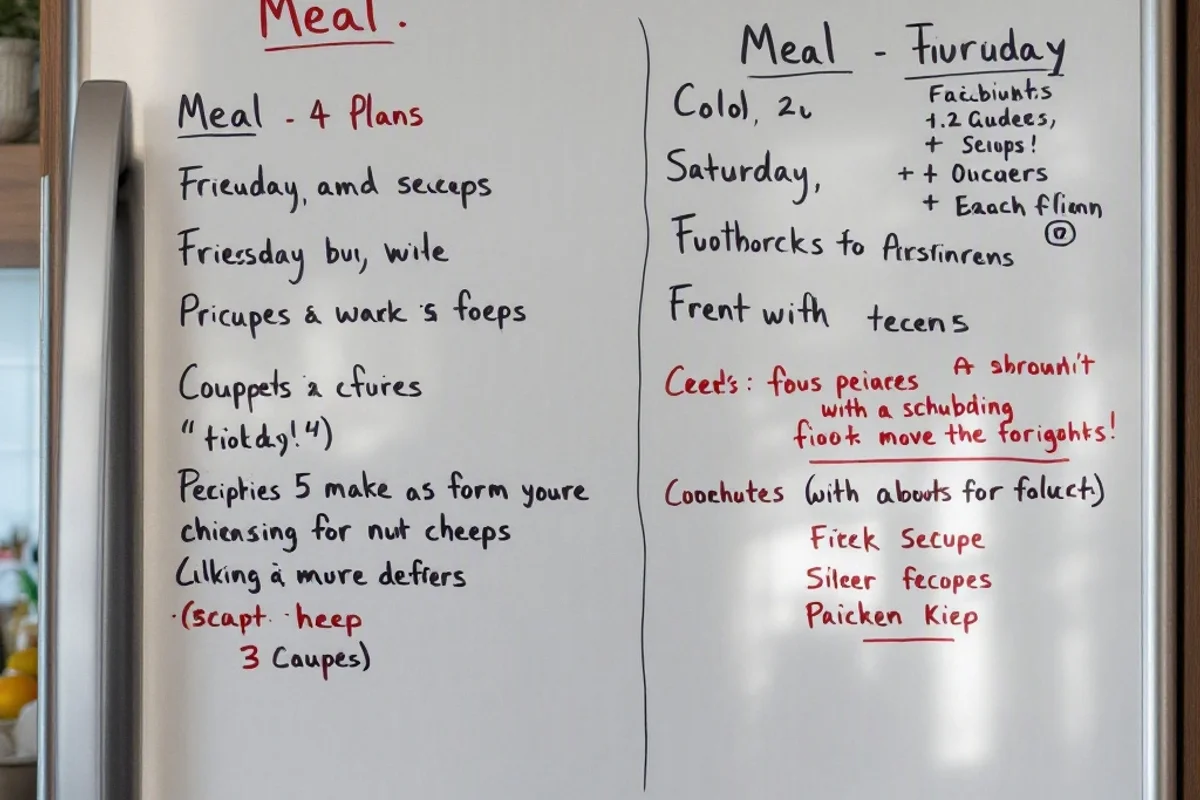 A magnetic whiteboard on a refrigerator with meal plans and notes.
