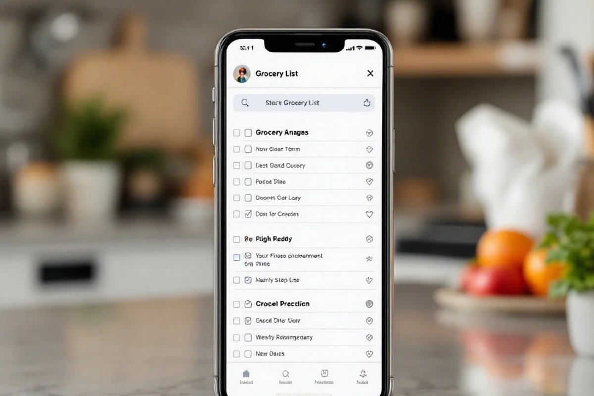 A smartphone displaying a grocery list app on a kitchen counter.