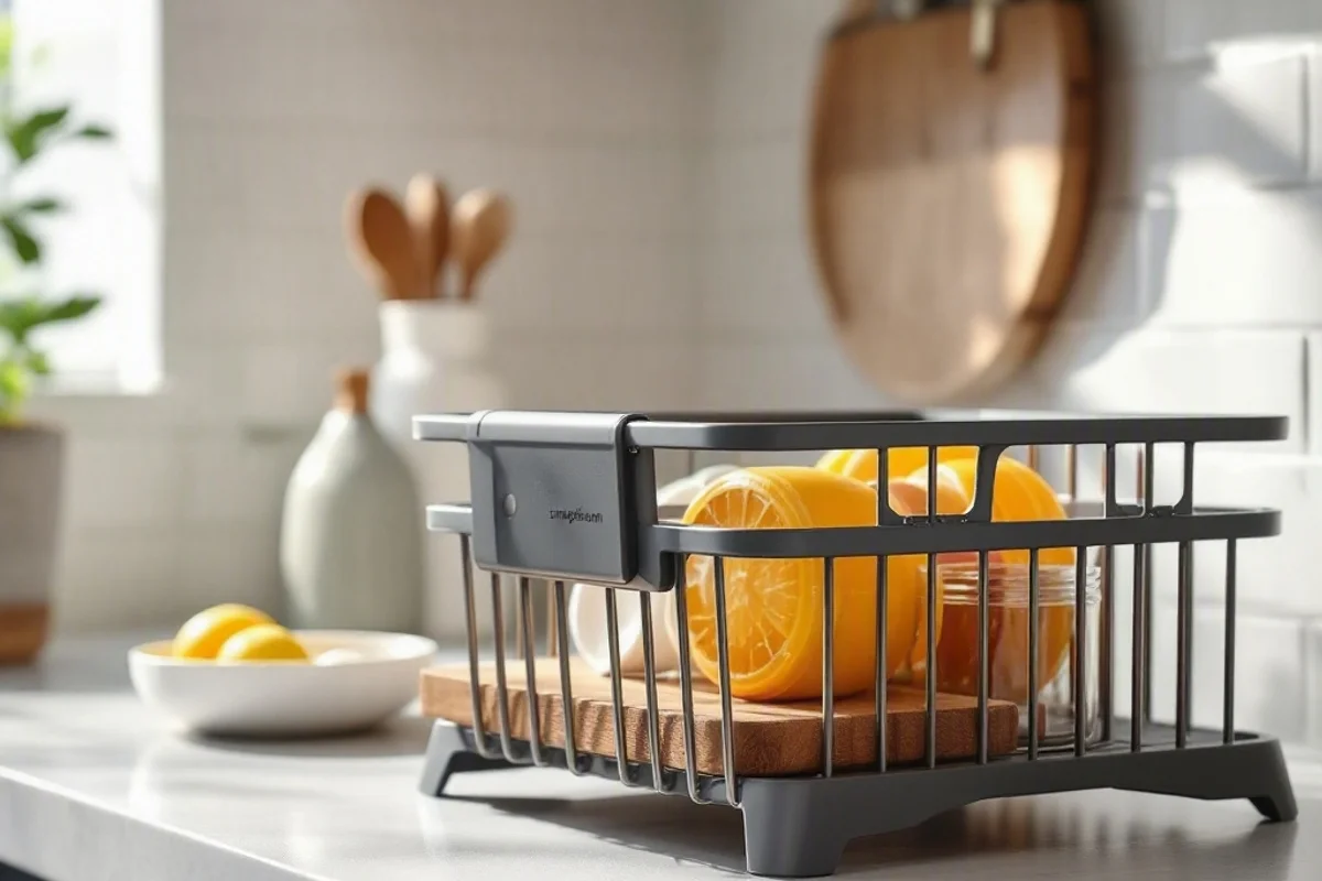 Simplehuman dish rack on a counter.