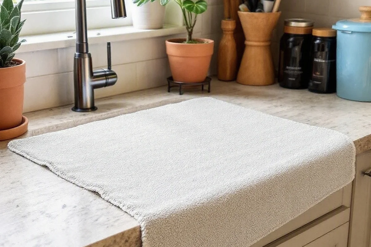 Microfiber drying mat laid flat on a kitchen counter.