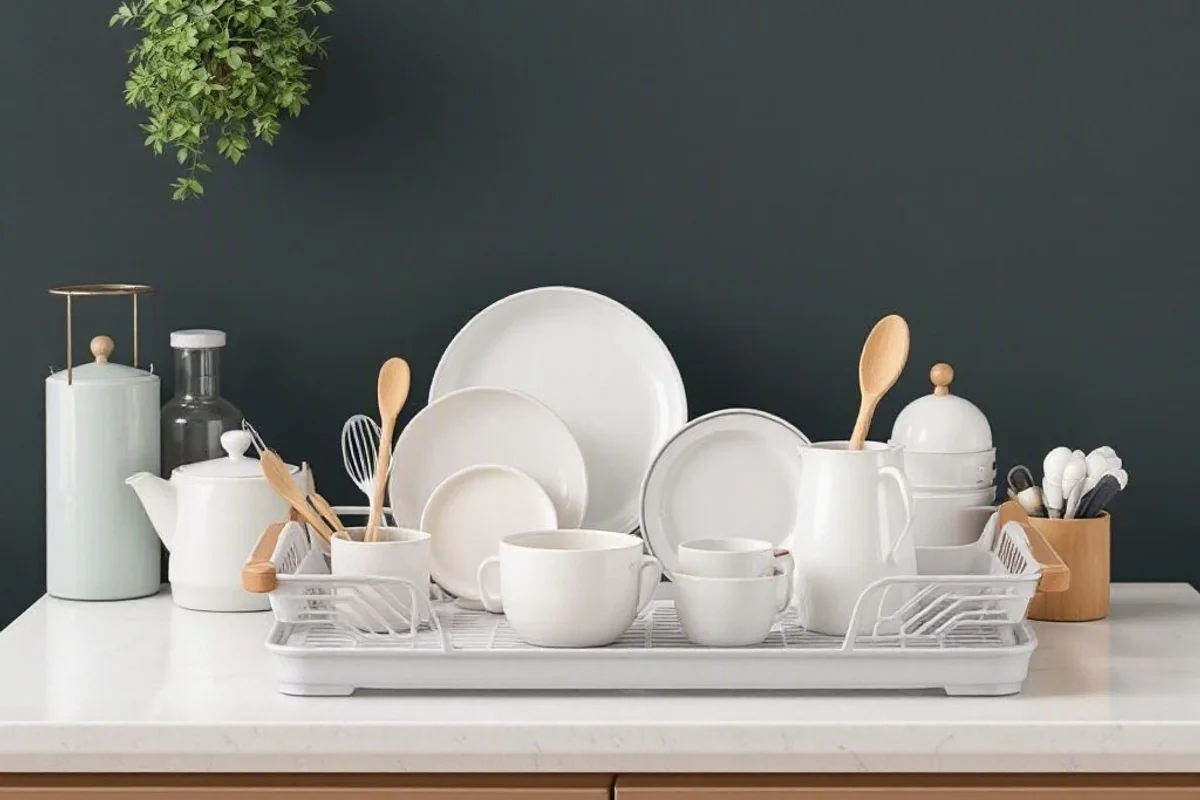 Collapsible dish rack folded for storage.