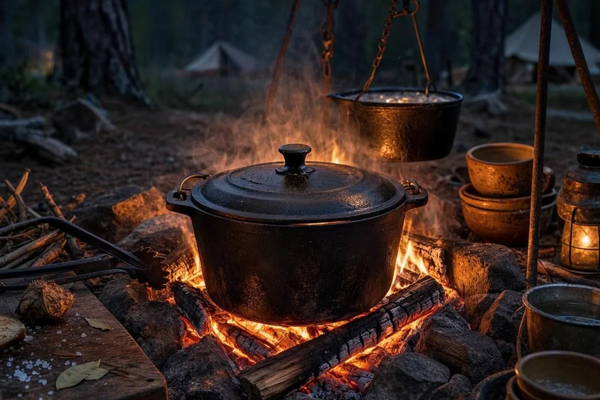 A Dutch oven with a lid sitting on a campfire.