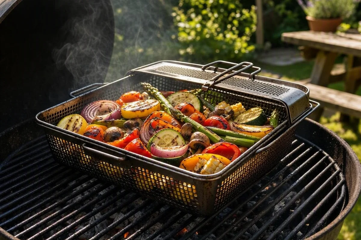 A grill basket filled with vegetables on a barbecue grill.