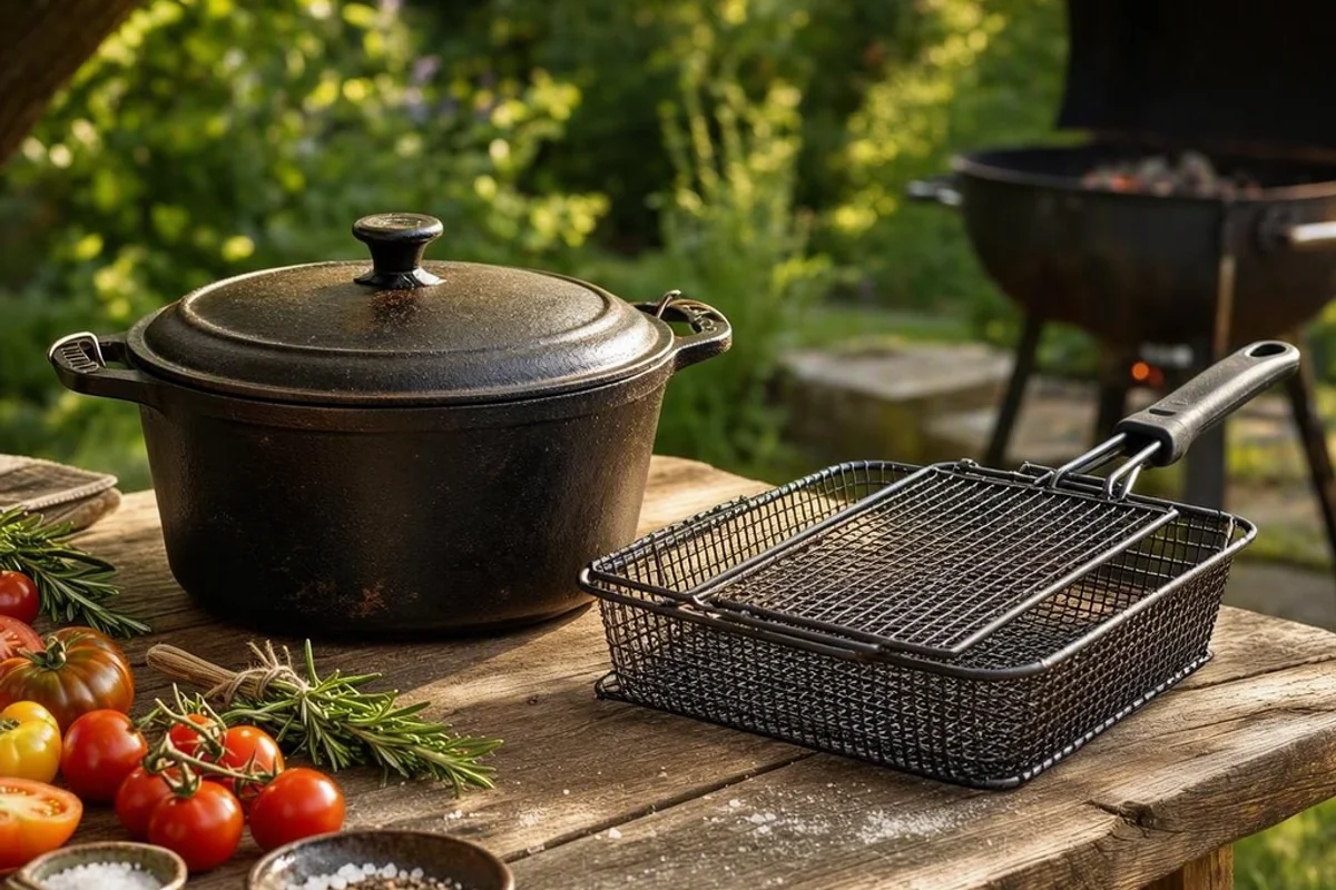 A Dutch oven and grill basket side by side, ready for cooking.