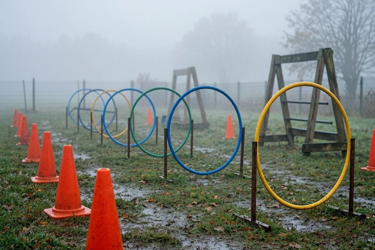 Cones and hula hoops arranged for an obstacle course on a foggy morning.