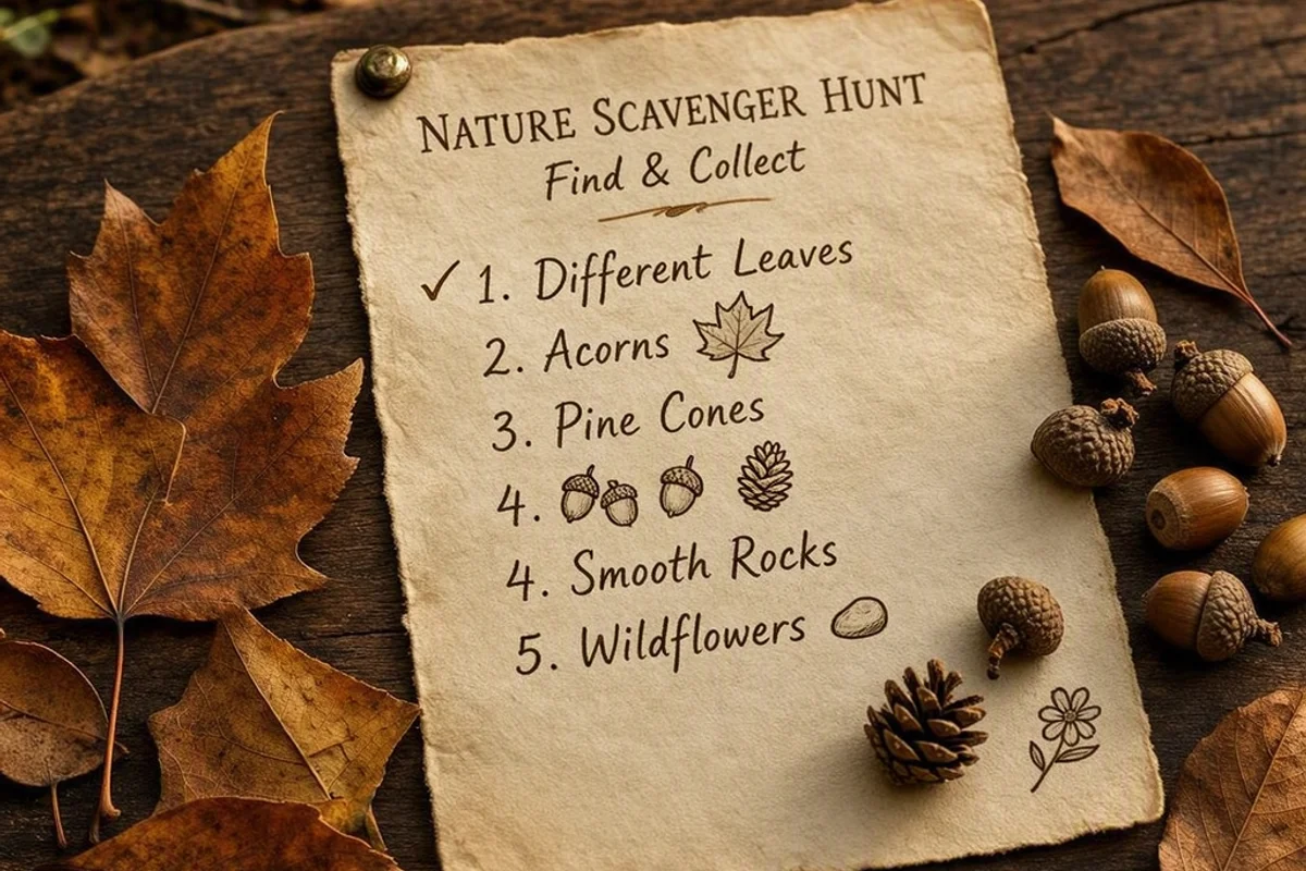 A nature scavenger hunt list with collected leaves and acorns.