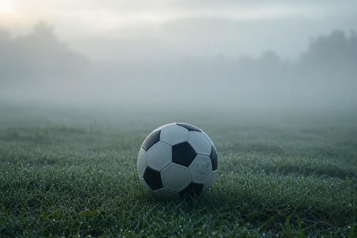 A soccer ball on dewy grass surrounded by morning fog.