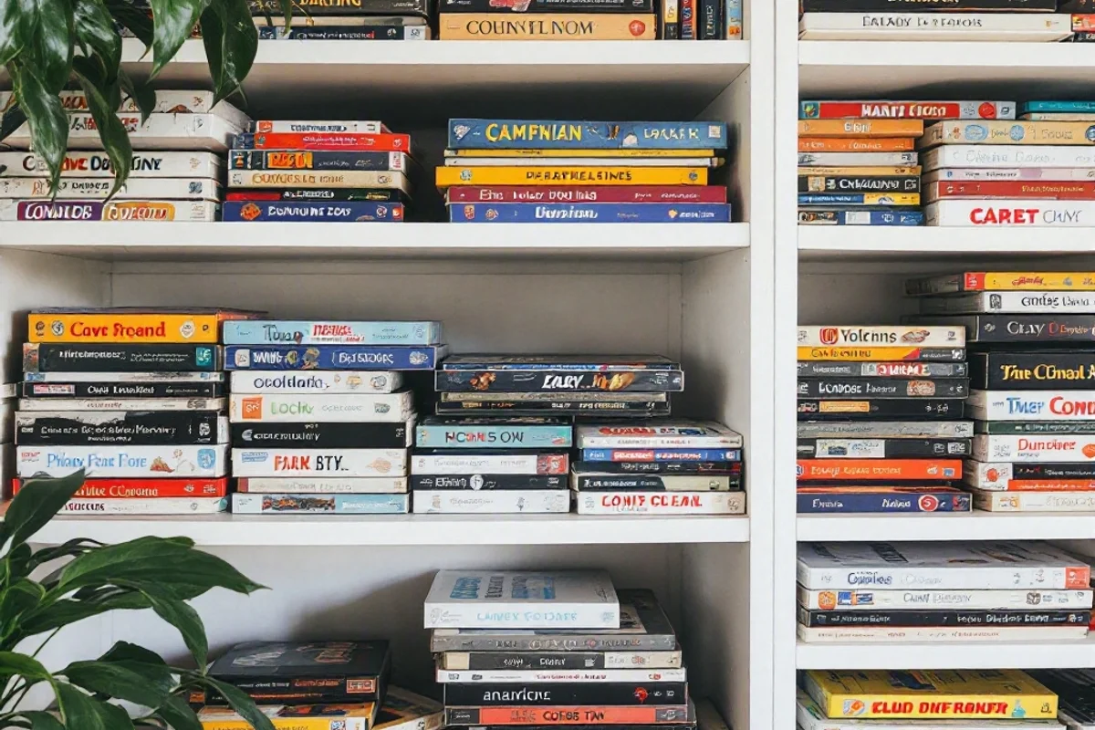 Organized game shelf with neatly stacked board games.