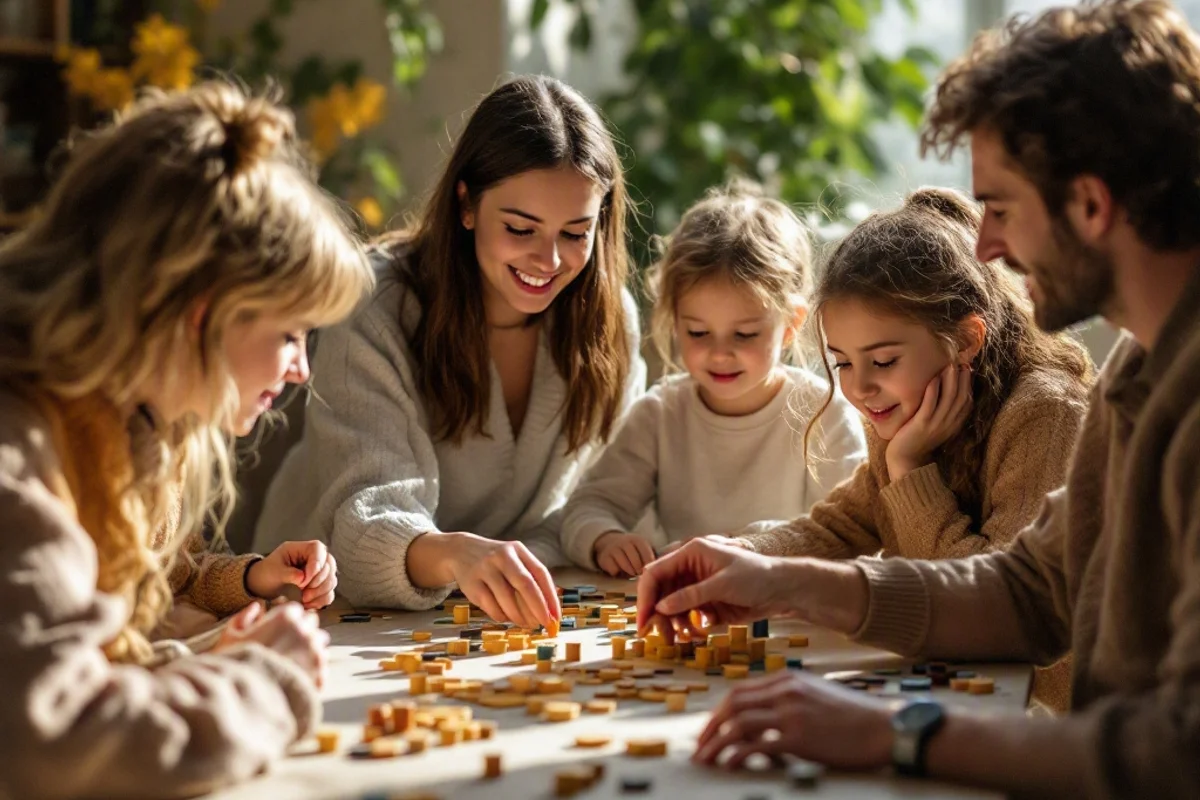 Family organizing games together on a table.
