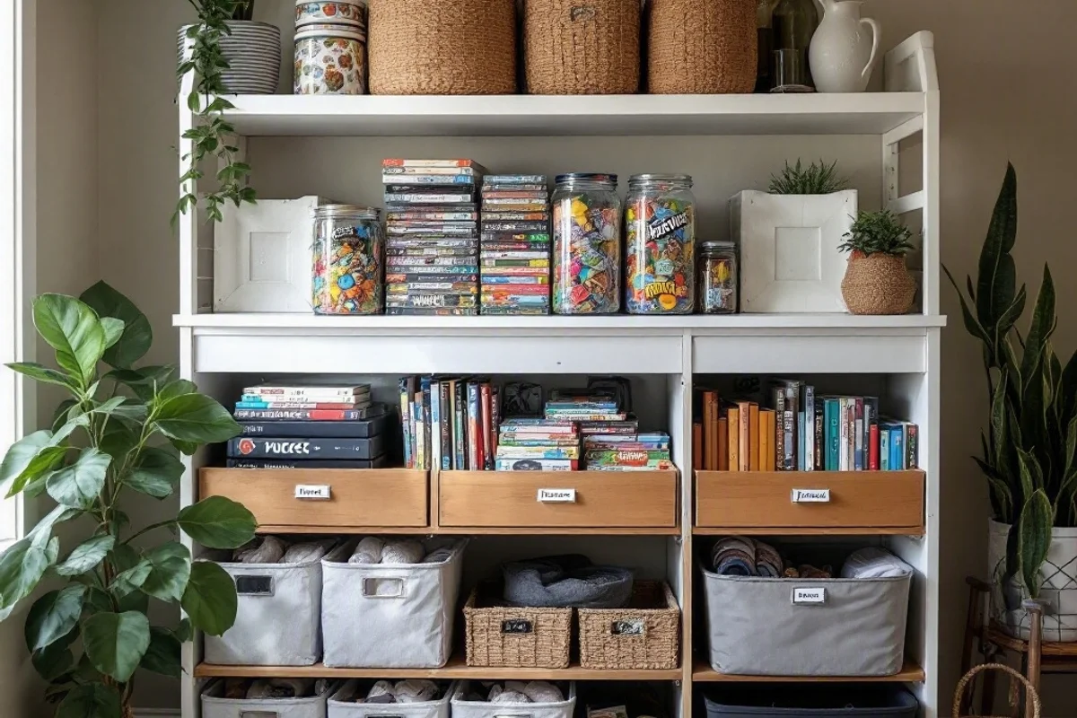 Rotated game shelf with labeled bins and clear organization.