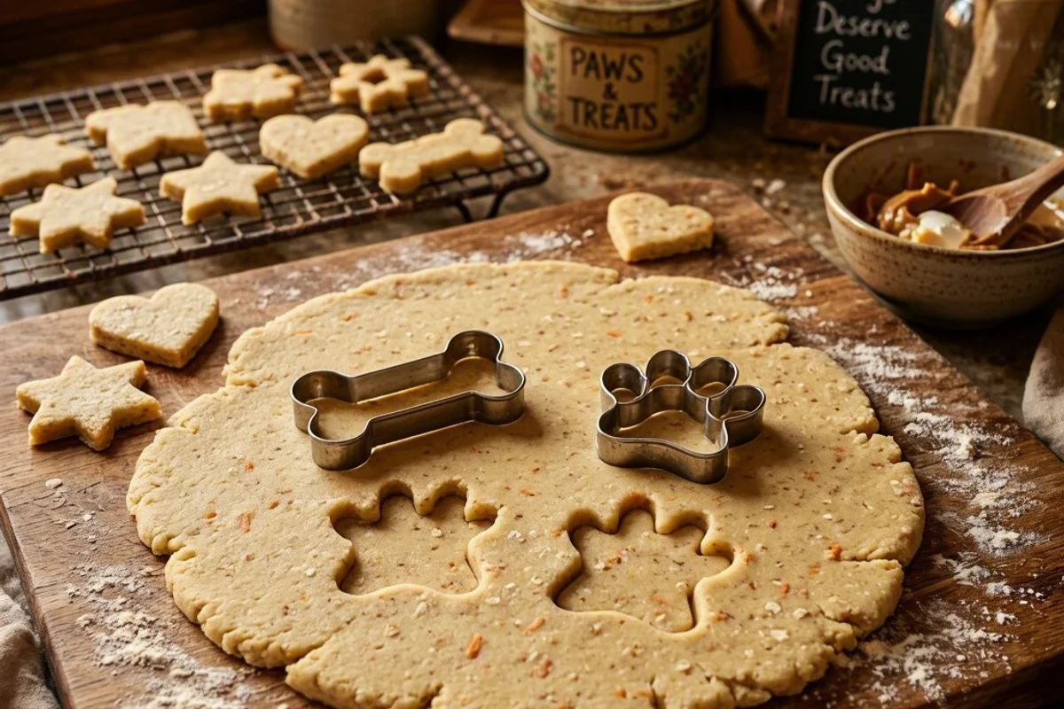 Kids using cookie cutters to shape dog treats.