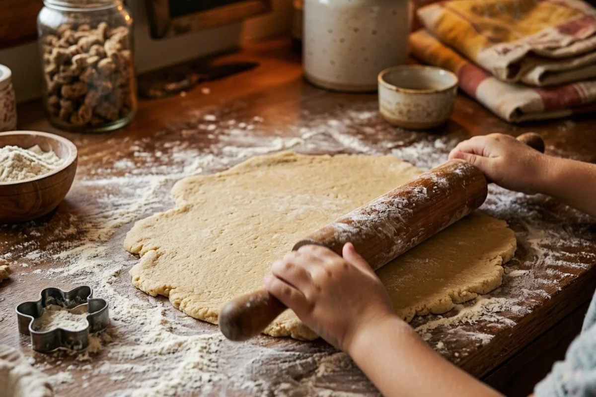 A child rolling out dough for pet treats.