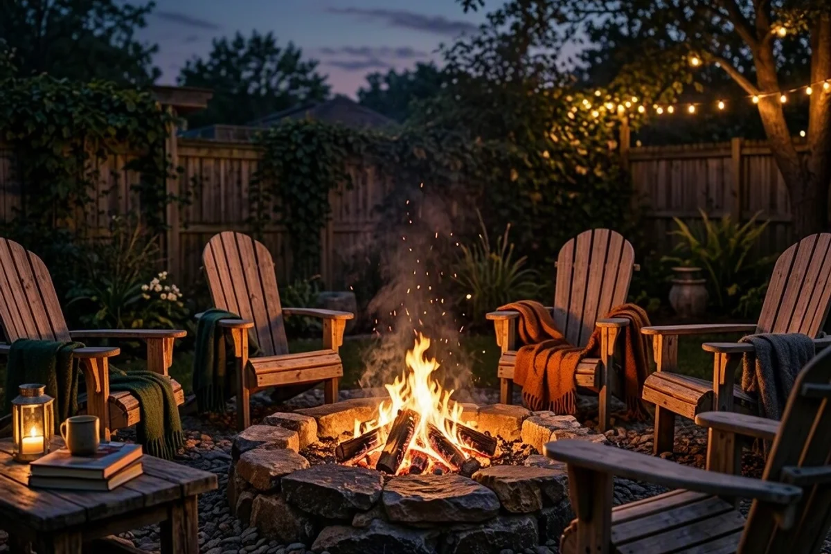 A backyard fire pit surrounded by Adirondack chairs and cozy blankets