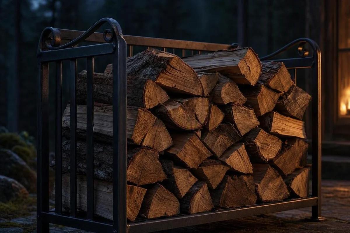Firewood neatly stacked in a metal rack