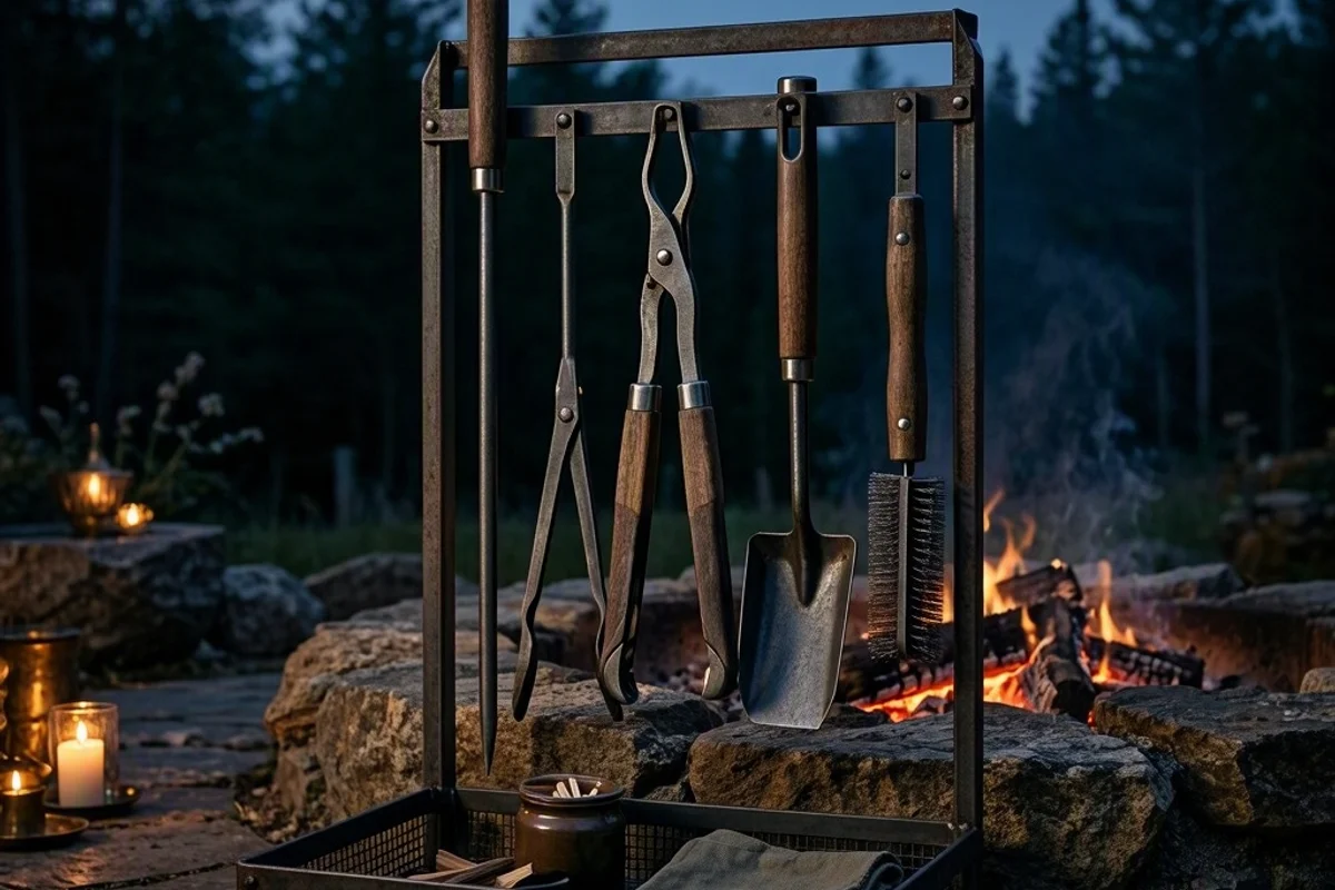 A storage caddy with fire pit tools organized neatly