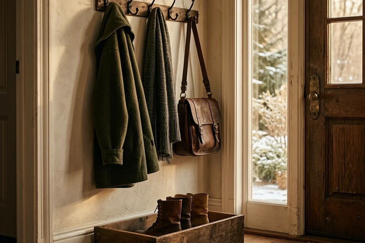 Boot tray and hooks staged beside the front door