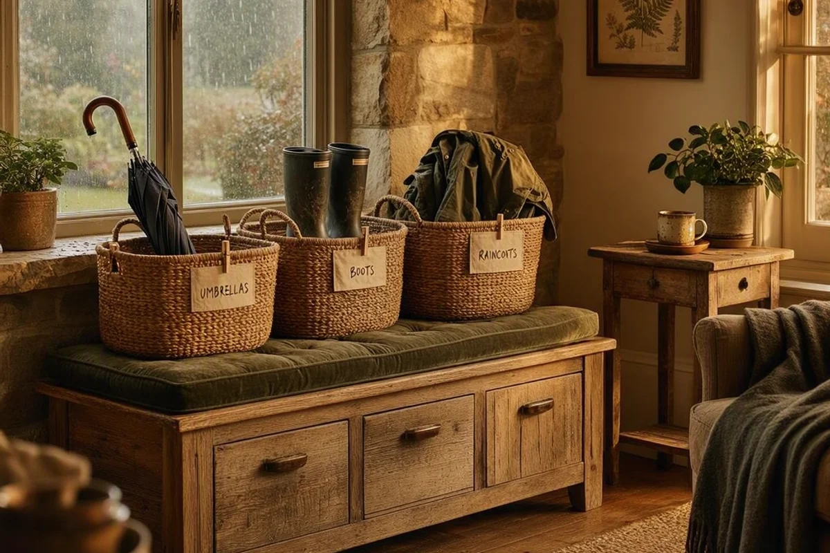 Storage bench with labeled baskets for rainy-season gear