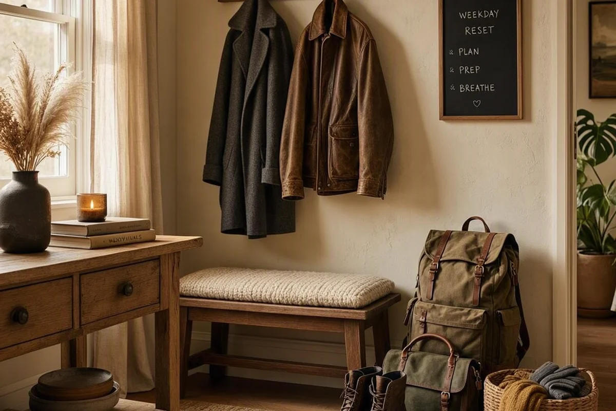 Backpack and jacket drop zone organized for a weekday reset