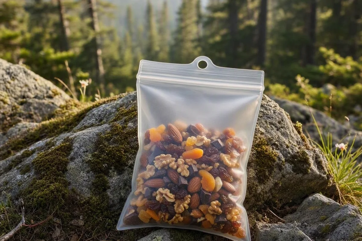 Trail mix in a reusable bag on a rock during a hike.