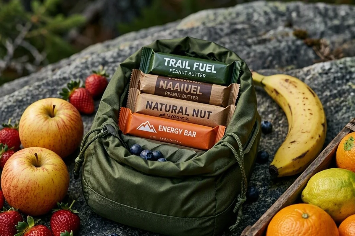 Energy bars and fresh fruit packed for a hike.