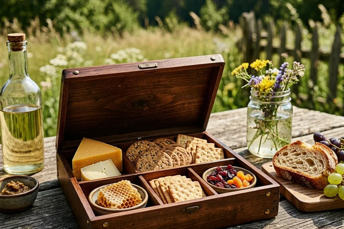 Cheese and crackers in a bento box on a picnic table outdoors.