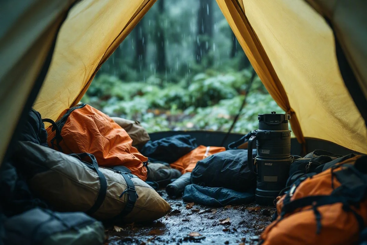Close-up of a waterproof tent setup in the rain.