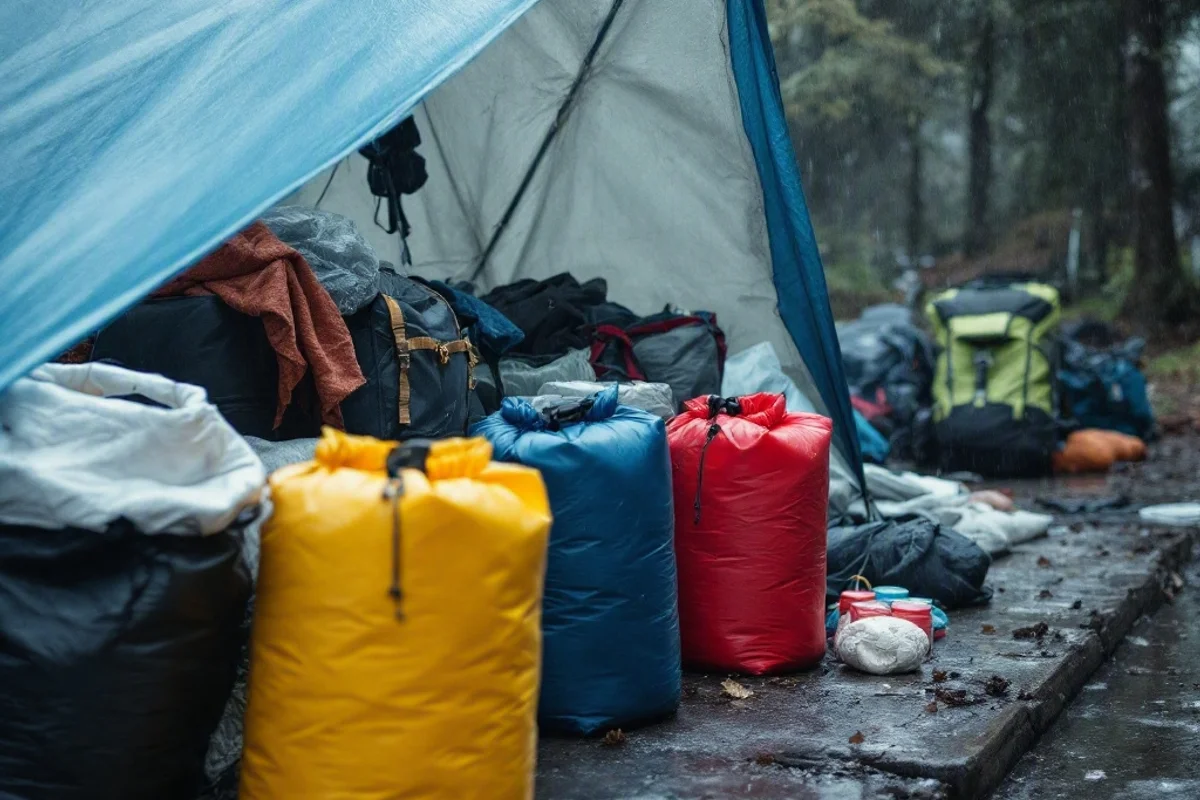 Dry bags and camping gear organized under a tarp.