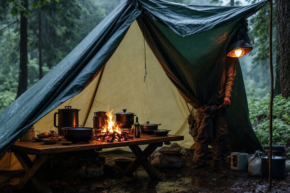 Rainy campsite with a tarp shelter and cooking station.