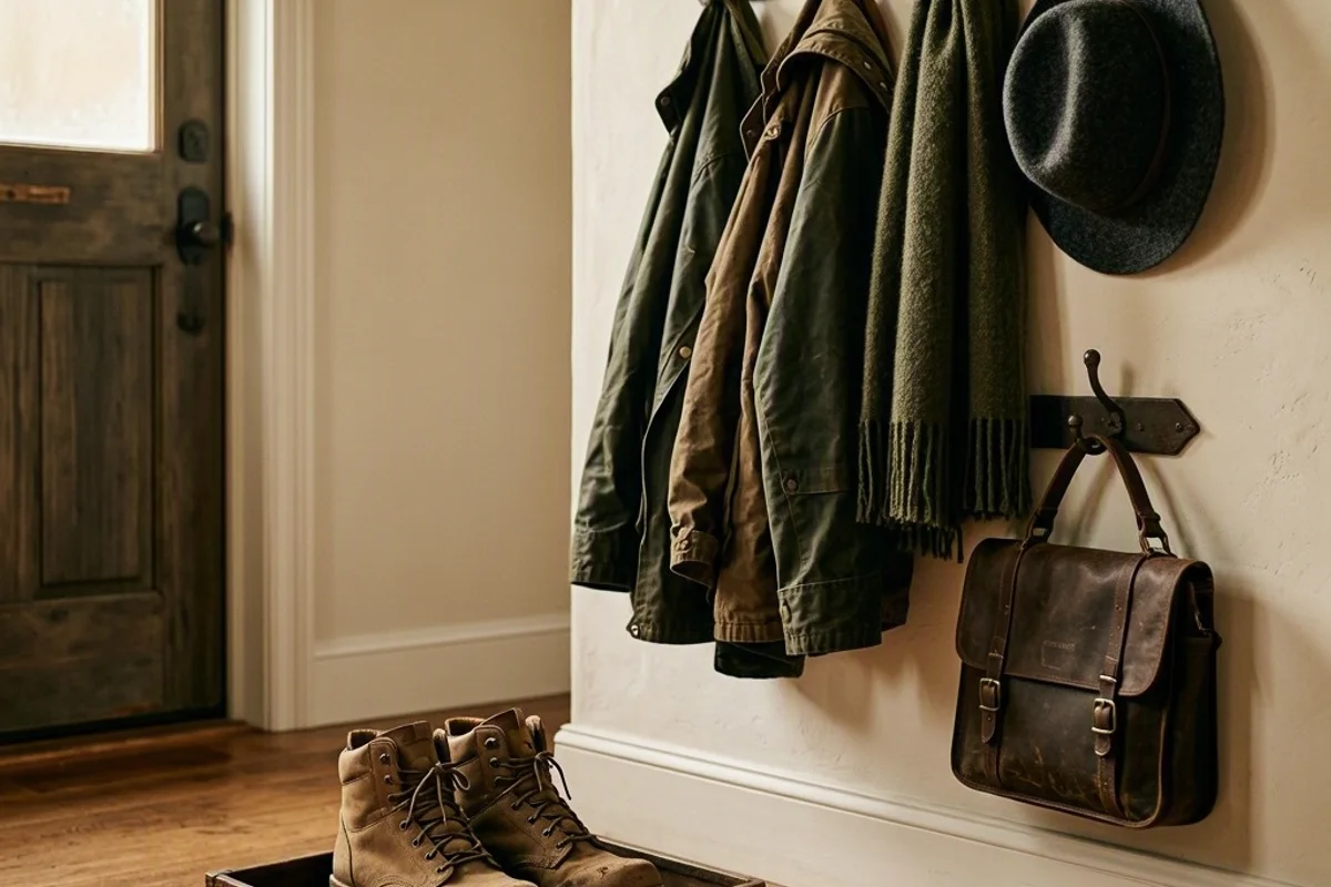Boot tray and hooks staged beside the front door