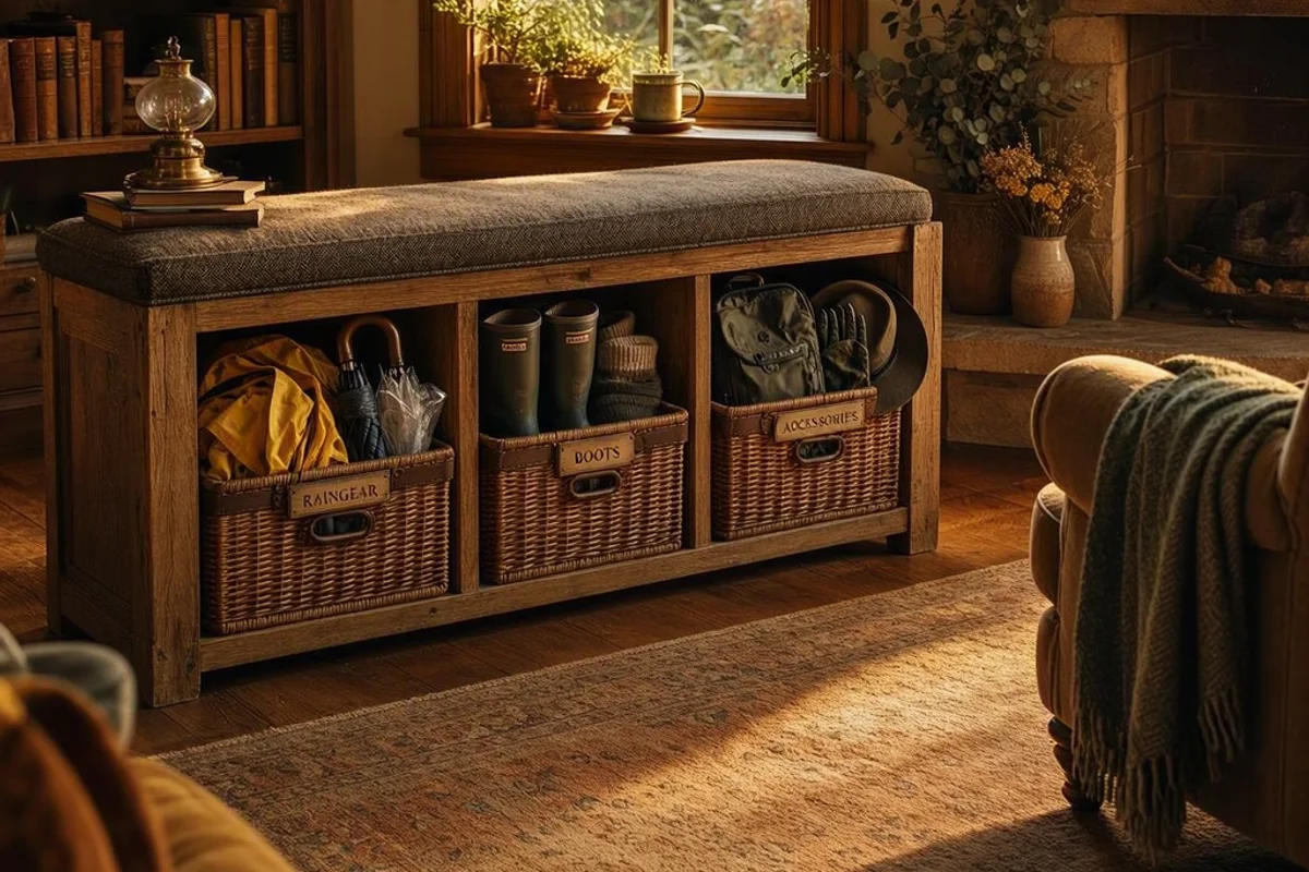 Storage bench with labeled baskets for rainy-season gear