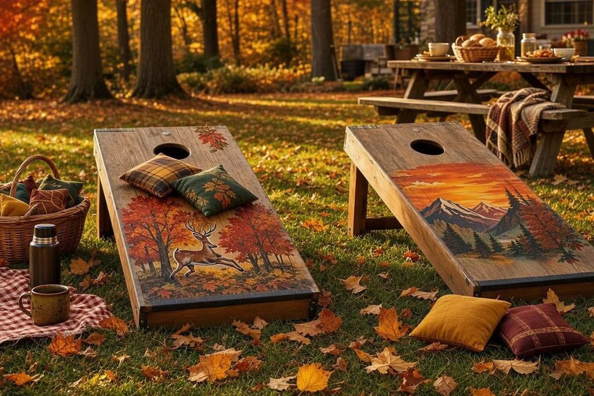 A family playing cornhole on a sunny fall day.