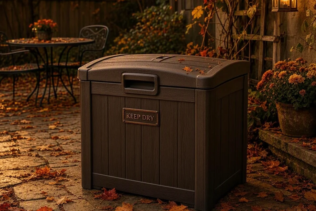 A weatherproof storage box on a backyard patio.