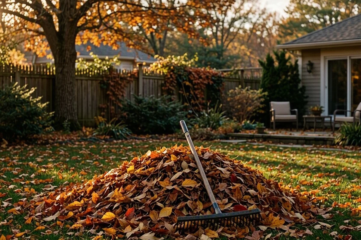 A family member raking leaves into a pile in a backyard.