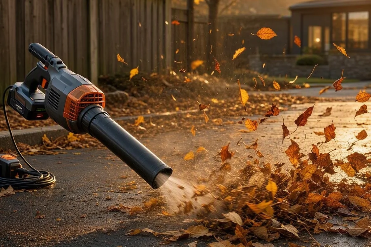 An electric leaf blower in action clearing leaves from a driveway.