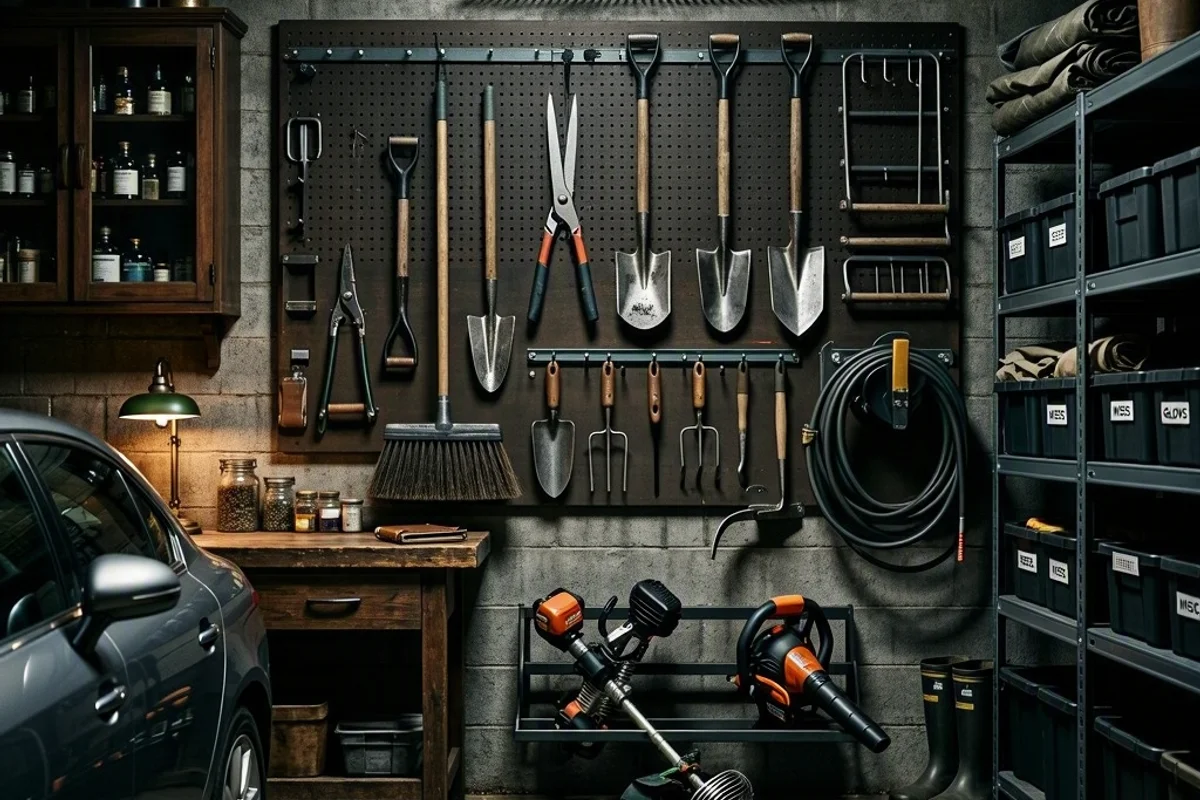 A well-organized garage with yard tools hanging neatly on a wall.