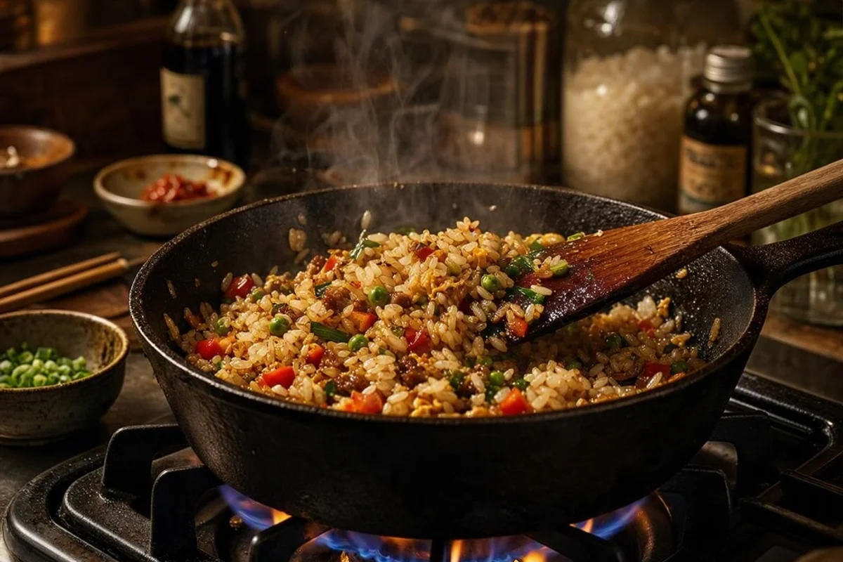 A skillet with leftover fried rice being prepared.