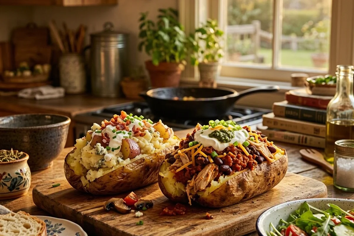 Loaded baked potatoes topped with various leftover ingredients.