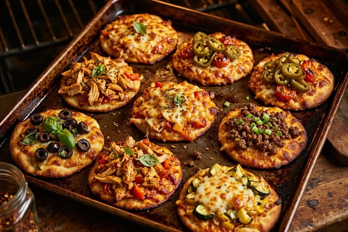 Mini pizzas made from leftover ingredients on a baking sheet.