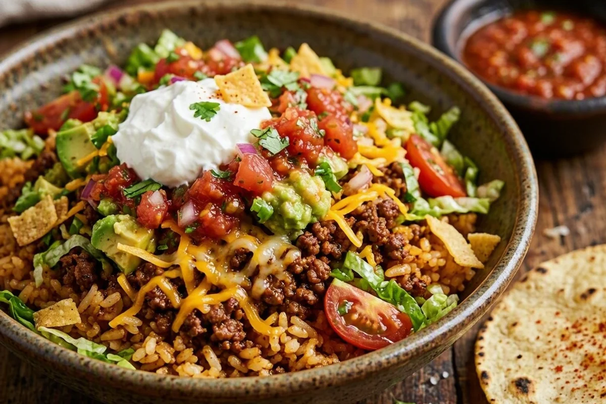 Close-up of a taco bowl with various toppings.