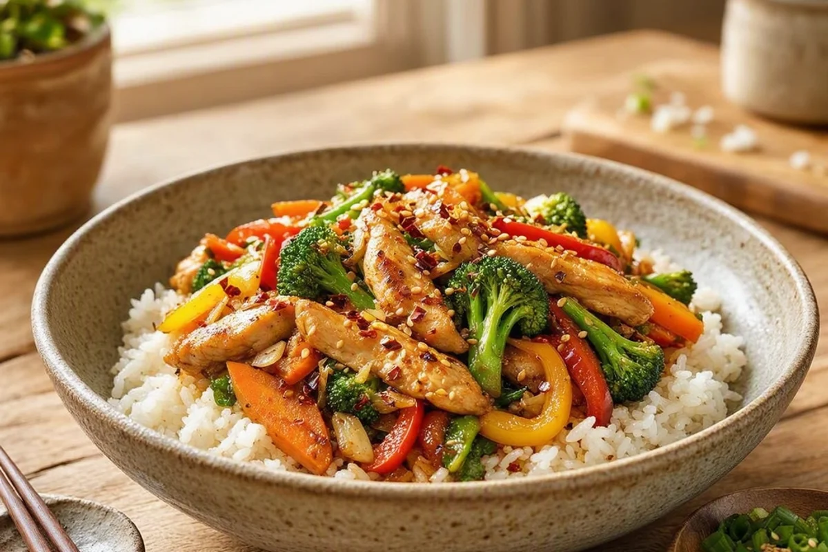 Stir-fry bowl with chicken and vegetables.