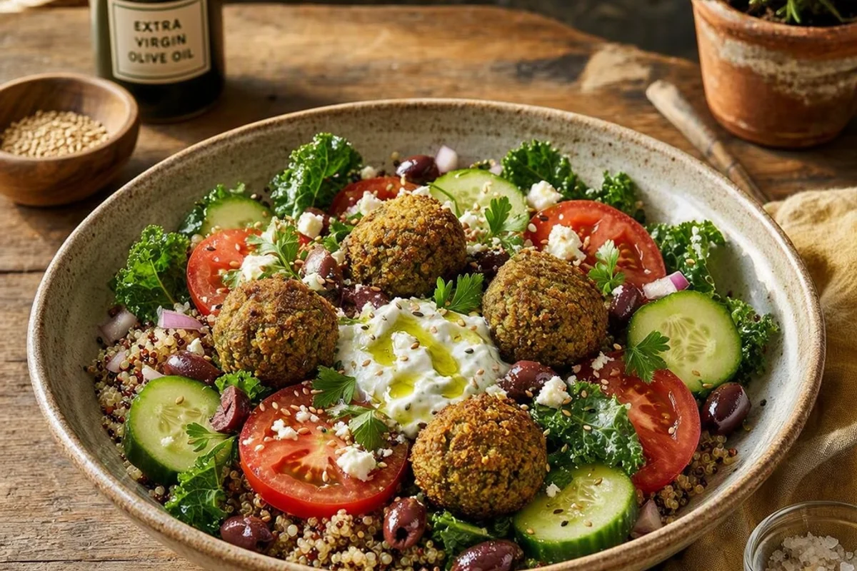 Mediterranean bowl with quinoa, falafel, and fresh veggies.